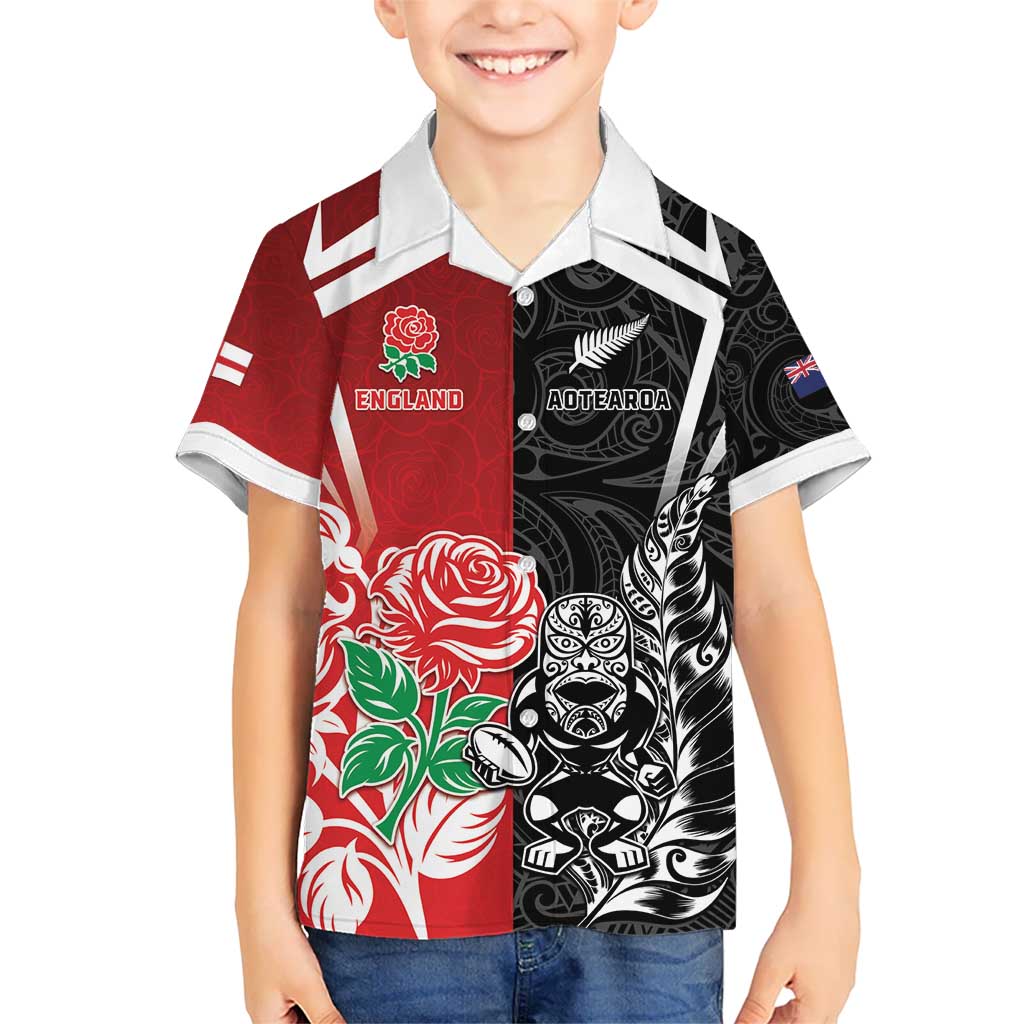 New Zealand And England Rugby Custom Hawaiian Shirt Maori Tiki With Red Rose Together