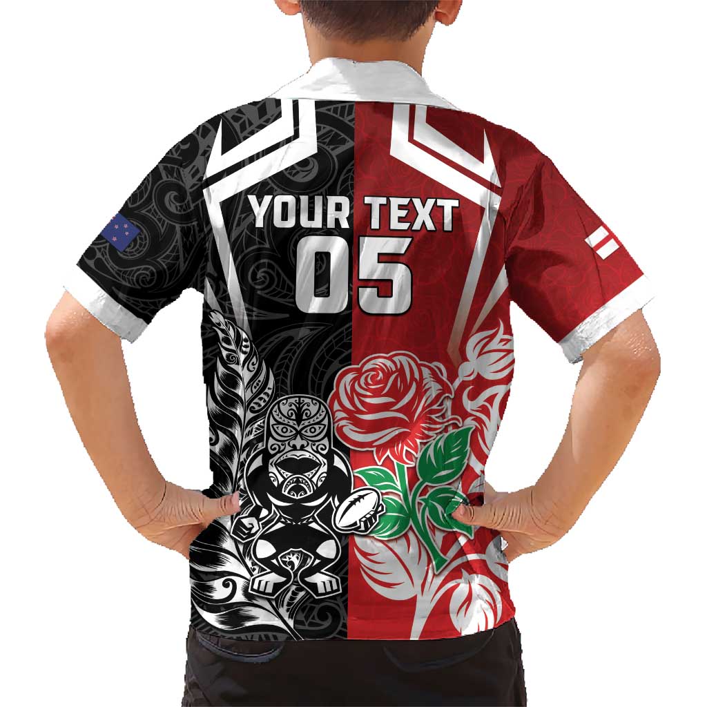 New Zealand And England Rugby Custom Hawaiian Shirt Maori Tiki With Red Rose Together