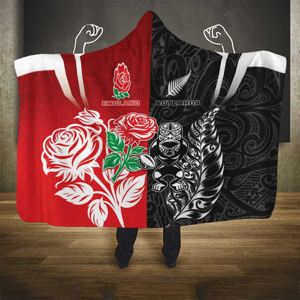 New Zealand And England Rugby Hooded Blanket Maori Tiki With Red Rose Together