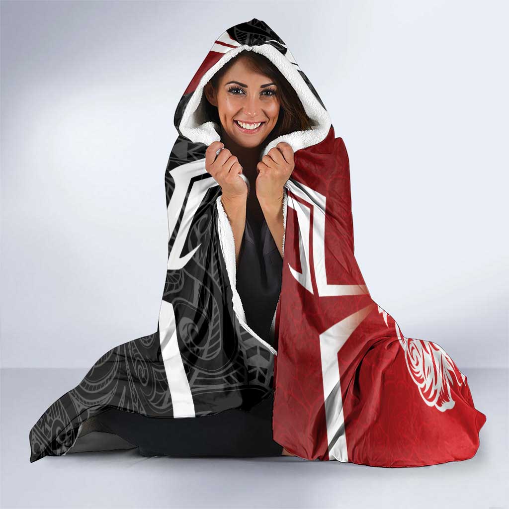 New Zealand And England Rugby Hooded Blanket Maori Tiki With Red Rose Together