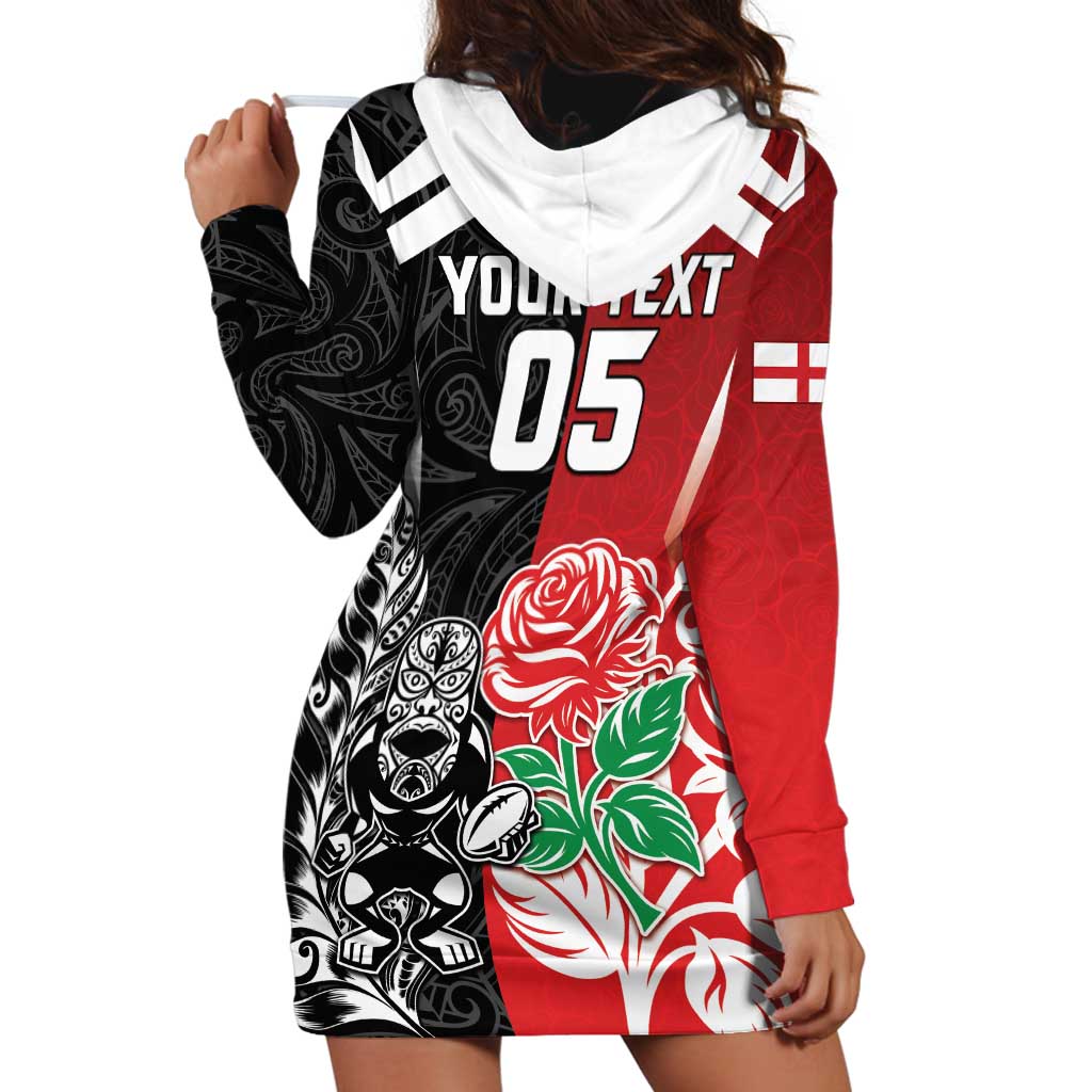 New Zealand And England Rugby Custom Hoodie Dress Maori Tiki With Red Rose Together