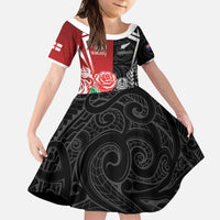 New Zealand And England Rugby Custom Kid Short Sleeve Dress Maori Tiki With Red Rose Together