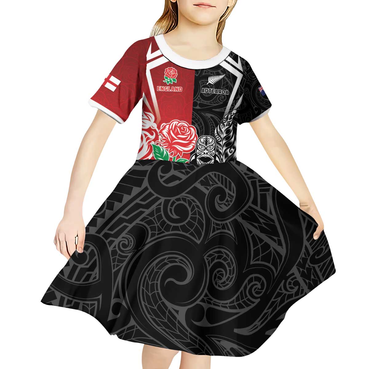 New Zealand And England Rugby Custom Kid Short Sleeve Dress Maori Tiki With Red Rose Together