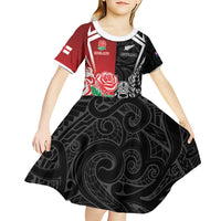 New Zealand And England Rugby Custom Kid Short Sleeve Dress Maori Tiki With Red Rose Together