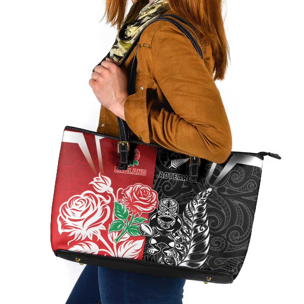 New Zealand And England Rugby Leather Tote Bag Maori Tiki With Red Rose Together