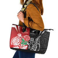New Zealand And England Rugby Leather Tote Bag Maori Tiki With Red Rose Together