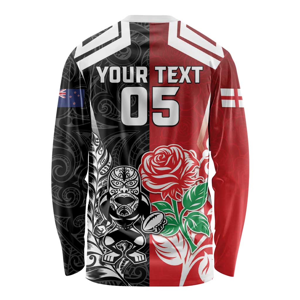 New Zealand And England Rugby Custom Long Sleeve Shirt Maori Tiki With Red Rose Together