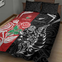 New Zealand And England Rugby Quilt Bed Set Maori Tiki With Red Rose Together