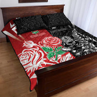 New Zealand And England Rugby Quilt Bed Set Maori Tiki With Red Rose Together