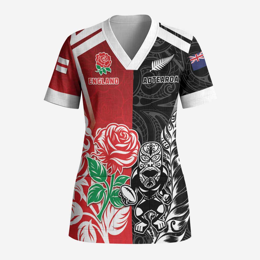 New Zealand And England Rugby Custom Scrub Top Maori Tiki With Red Rose Together - Polynesian Pride