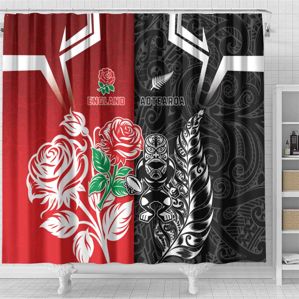 New Zealand And England Rugby Shower Curtain Maori Tiki With Red Rose Together