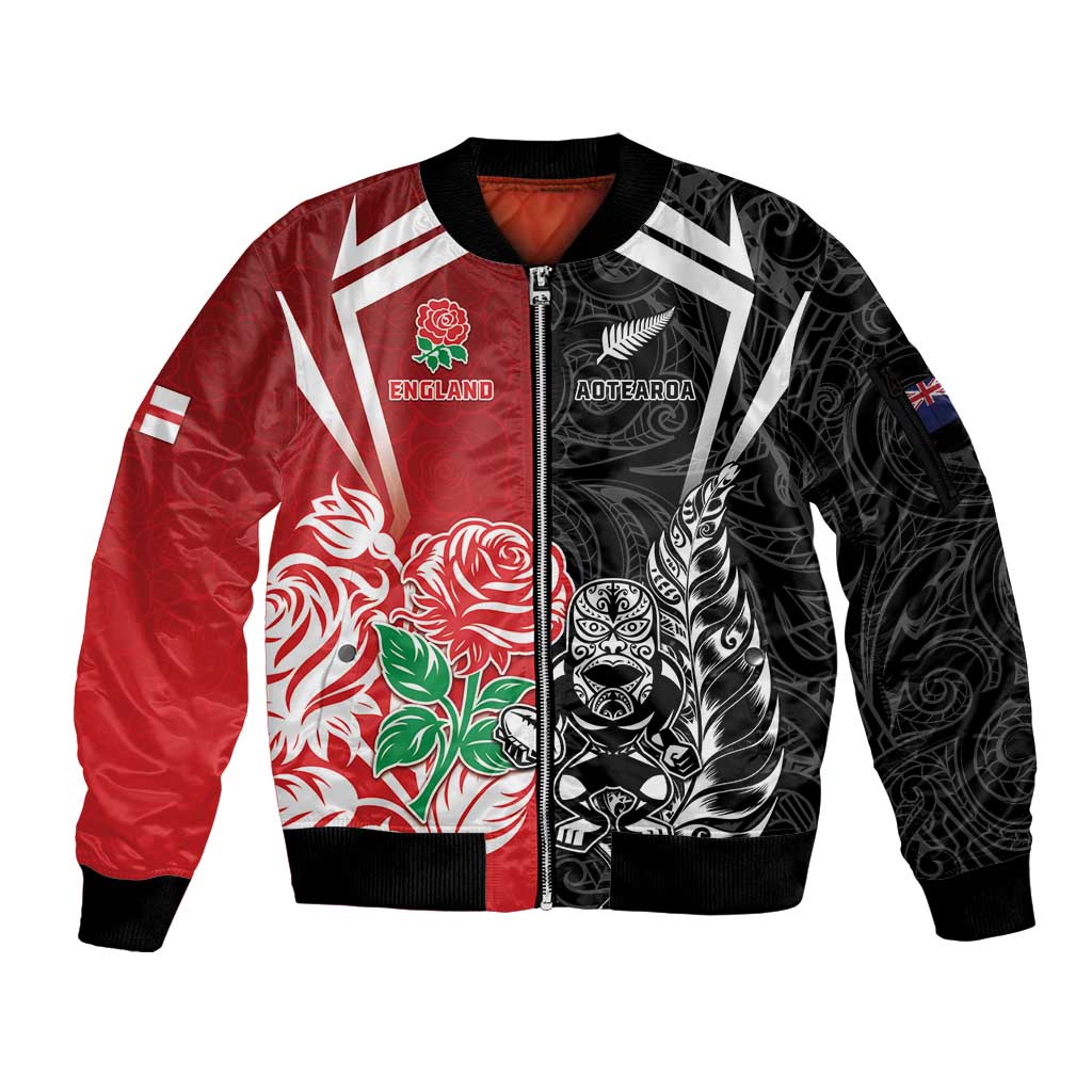 New Zealand And England Rugby Custom Sleeve Zip Bomber Jacket Maori Tiki With Red Rose Together