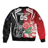 New Zealand And England Rugby Custom Sleeve Zip Bomber Jacket Maori Tiki With Red Rose Together