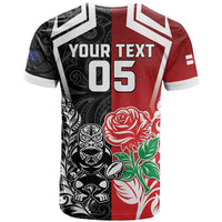 New Zealand And England Rugby Custom T Shirt Maori Tiki With Red Rose Together