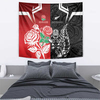 New Zealand And England Rugby Tapestry Maori Tiki With Red Rose Together