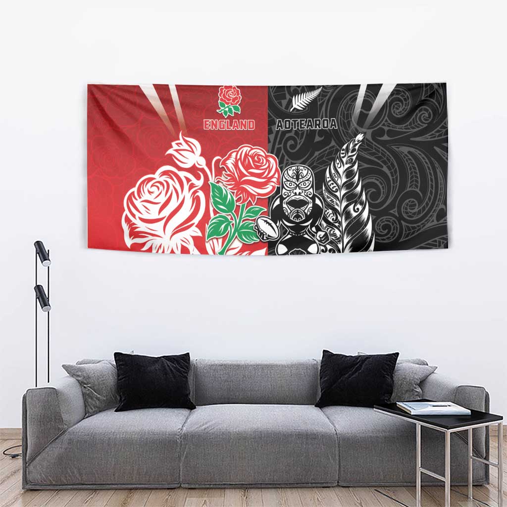 New Zealand And England Rugby Tapestry Maori Tiki With Red Rose Together
