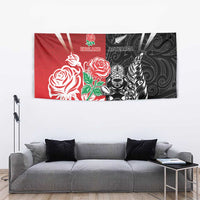New Zealand And England Rugby Tapestry Maori Tiki With Red Rose Together
