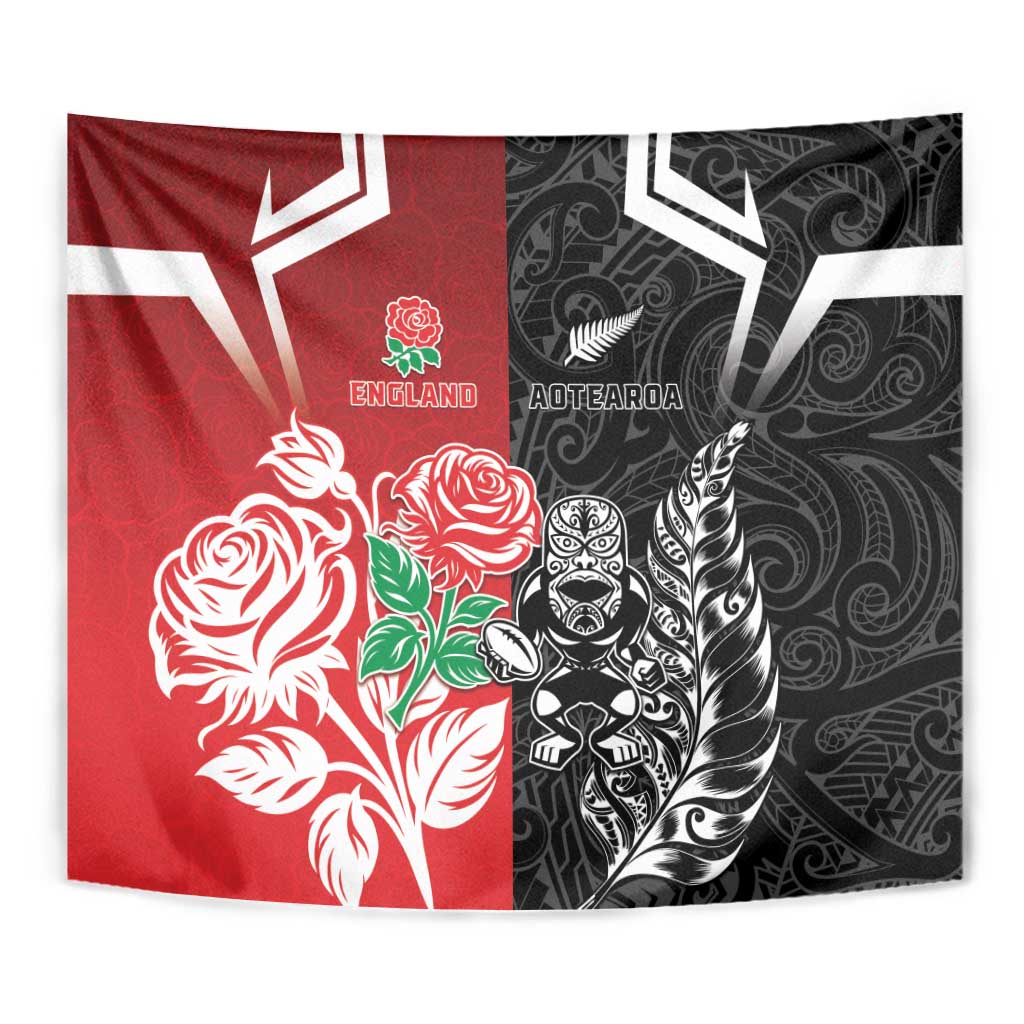 New Zealand And England Rugby Tapestry Maori Tiki With Red Rose Together