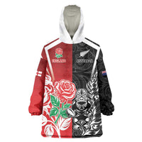 New Zealand And England Rugby Custom Wearable Blanket Hoodie Maori Tiki With Red Rose Together
