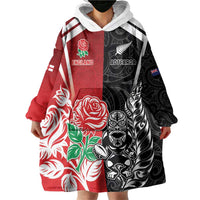 New Zealand And England Rugby Custom Wearable Blanket Hoodie Maori Tiki With Red Rose Together