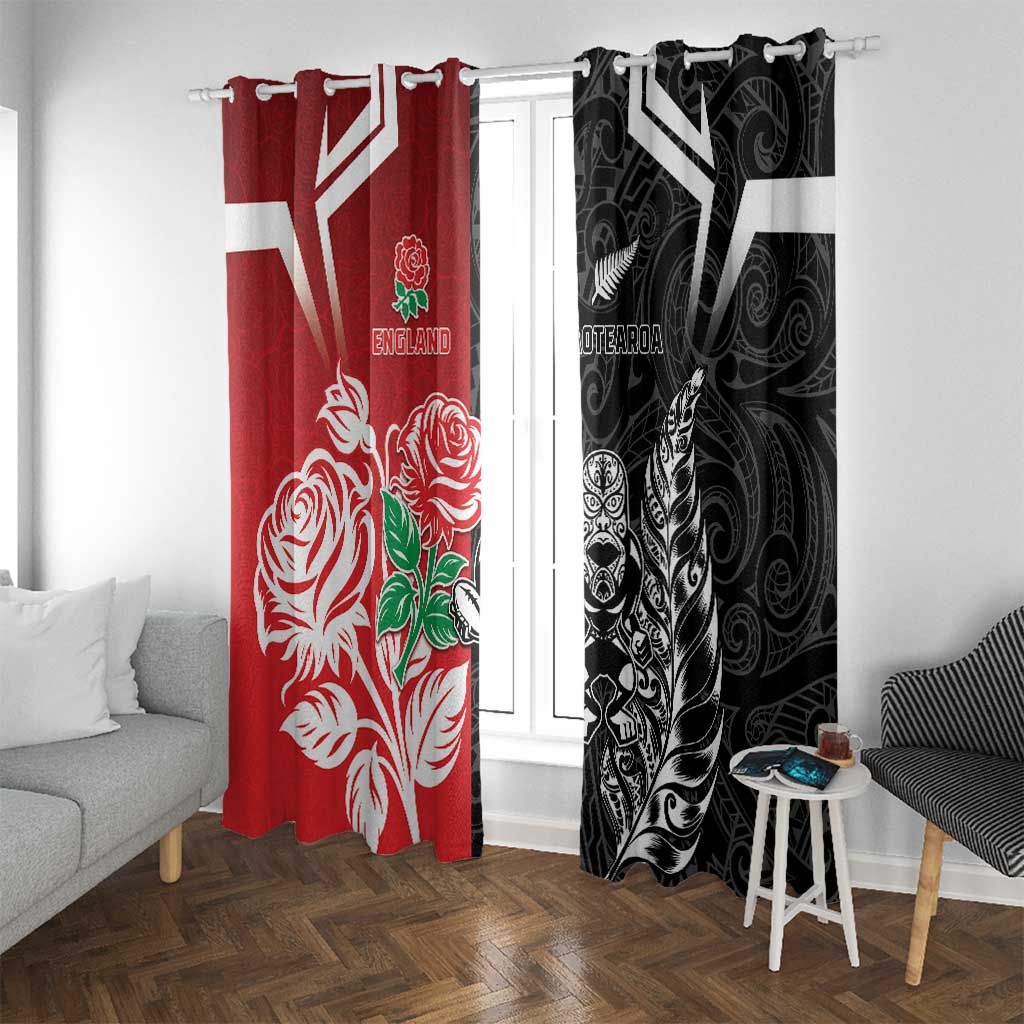 New Zealand And England Rugby Window Curtain Maori Tiki With Red Rose Together
