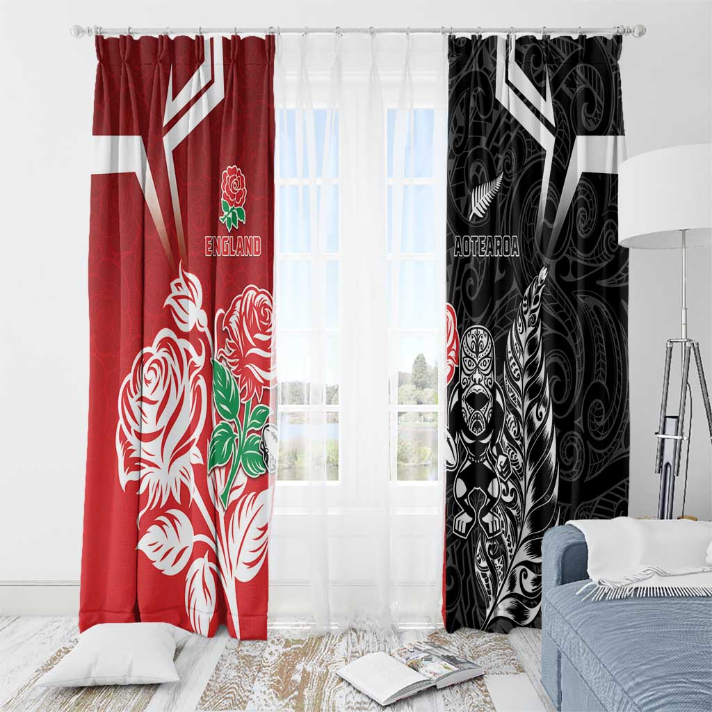 New Zealand And England Rugby Window Curtain Maori Tiki With Red Rose Together