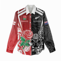 New Zealand And England Rugby Custom Women Casual Shirt Maori Tiki With Red Rose Together