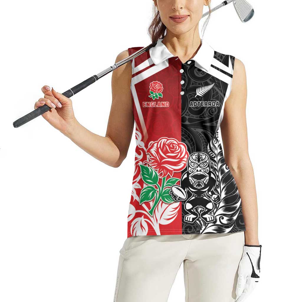 New Zealand And England Rugby Custom Women Sleeveless Polo Shirt Maori Tiki With Red Rose Together