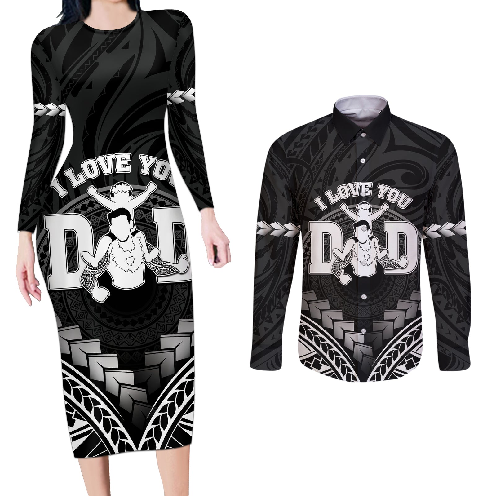 Personalised Happy Father's Day Couples Matching Long Sleeve Bodycon Dress and Long Sleeve Button Shirt I Love You Dad Polynesian Style LT05 Black - Polynesian Pride