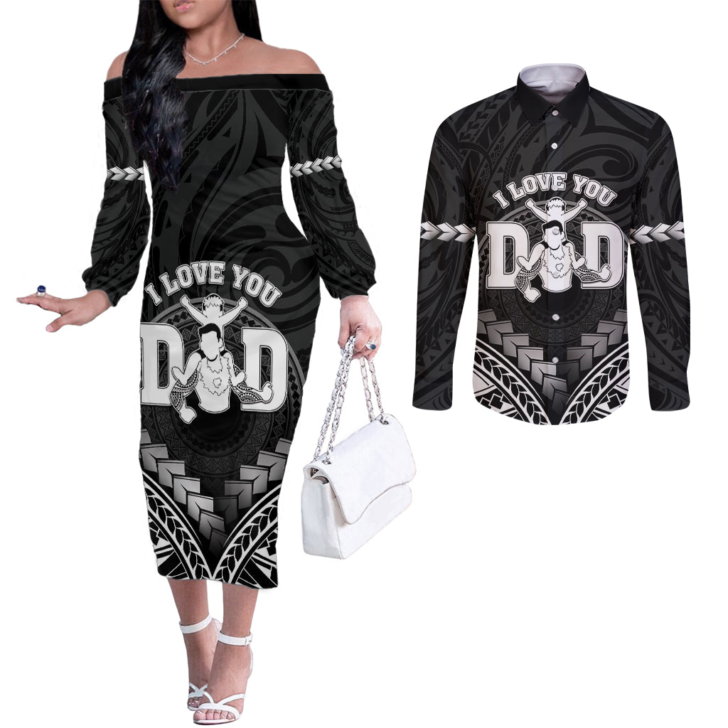 Personalised Happy Father's Day Couples Matching Off The Shoulder Long Sleeve Dress and Long Sleeve Button Shirt I Love You Dad Polynesian Style