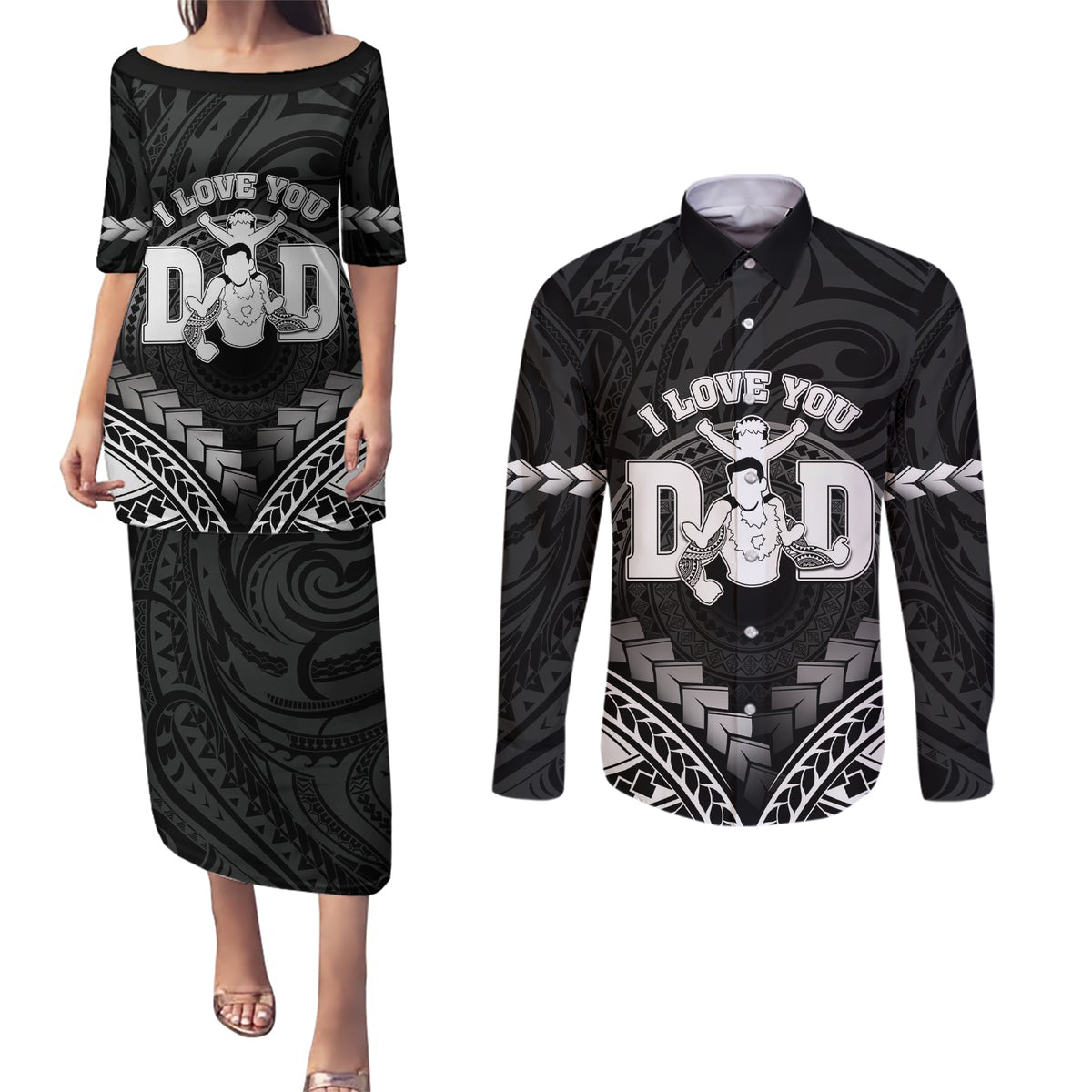 Personalised Happy Father's Day Couples Matching Puletasi and Long Sleeve Button Shirt I Love You Dad Polynesian Style LT05 Black - Polynesian Pride