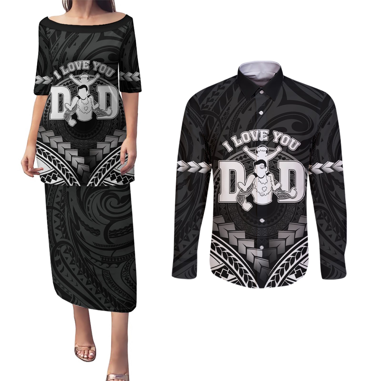 Personalised Happy Father's Day Couples Matching Puletasi and Long Sleeve Button Shirt I Love You Dad Polynesian Style LT05 Black - Polynesian Pride