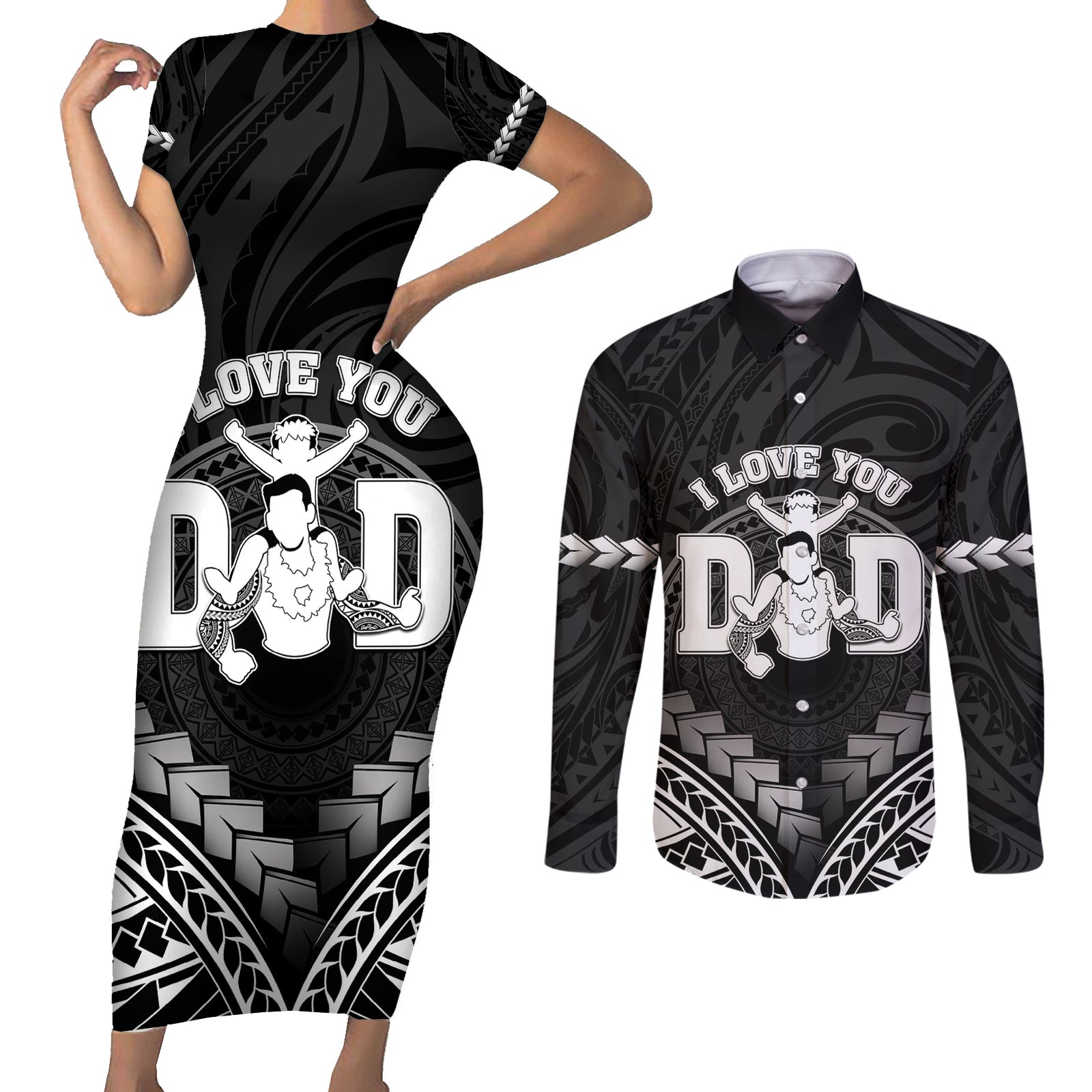 Personalised Happy Father's Day Couples Matching Short Sleeve Bodycon Dress and Long Sleeve Button Shirt I Love You Dad Polynesian Style LT05 Black - Polynesian Pride