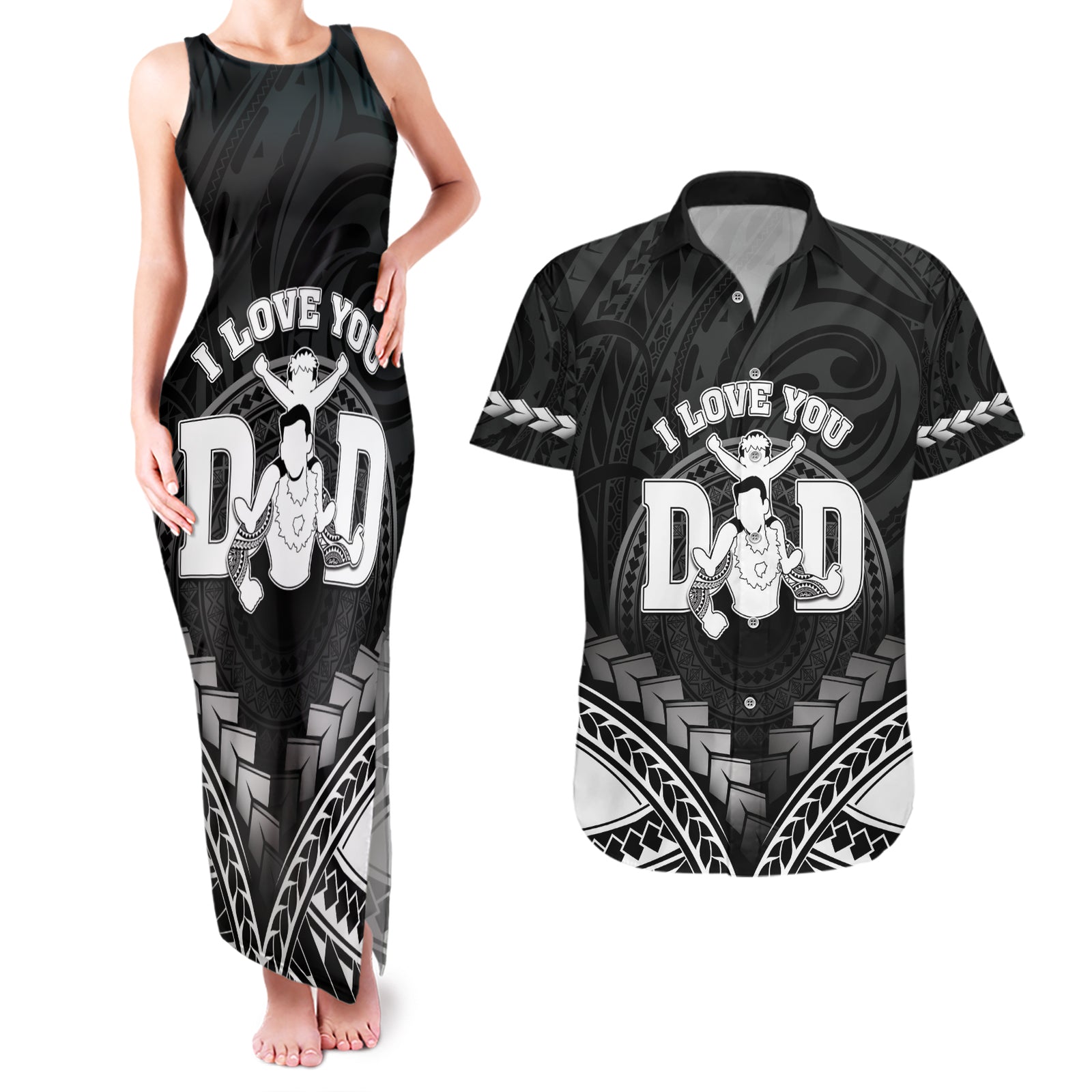 Personalised Happy Father's Day Couples Matching Tank Maxi Dress and Hawaiian Shirt I Love You Dad Polynesian Style LT05 Black - Polynesian Pride