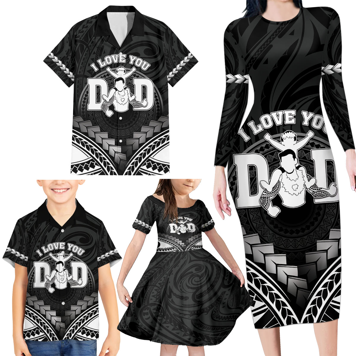 Personalised Happy Father's Day Family Matching Long Sleeve Bodycon Dress and Hawaiian Shirt I Love You Dad Polynesian Style LT05 - Polynesian Pride