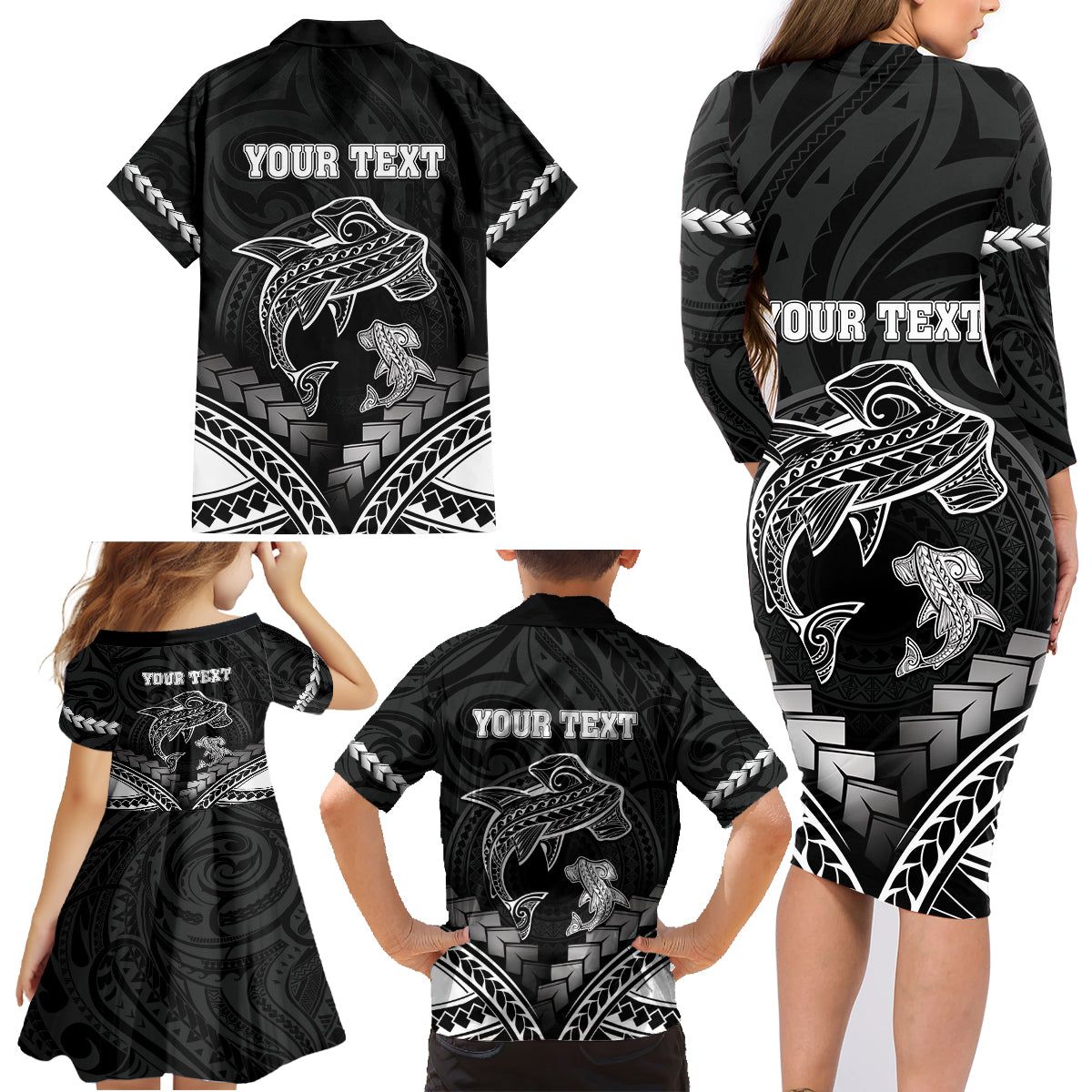 Personalised Happy Father's Day Family Matching Long Sleeve Bodycon Dress and Hawaiian Shirt I Love You Dad Polynesian Style