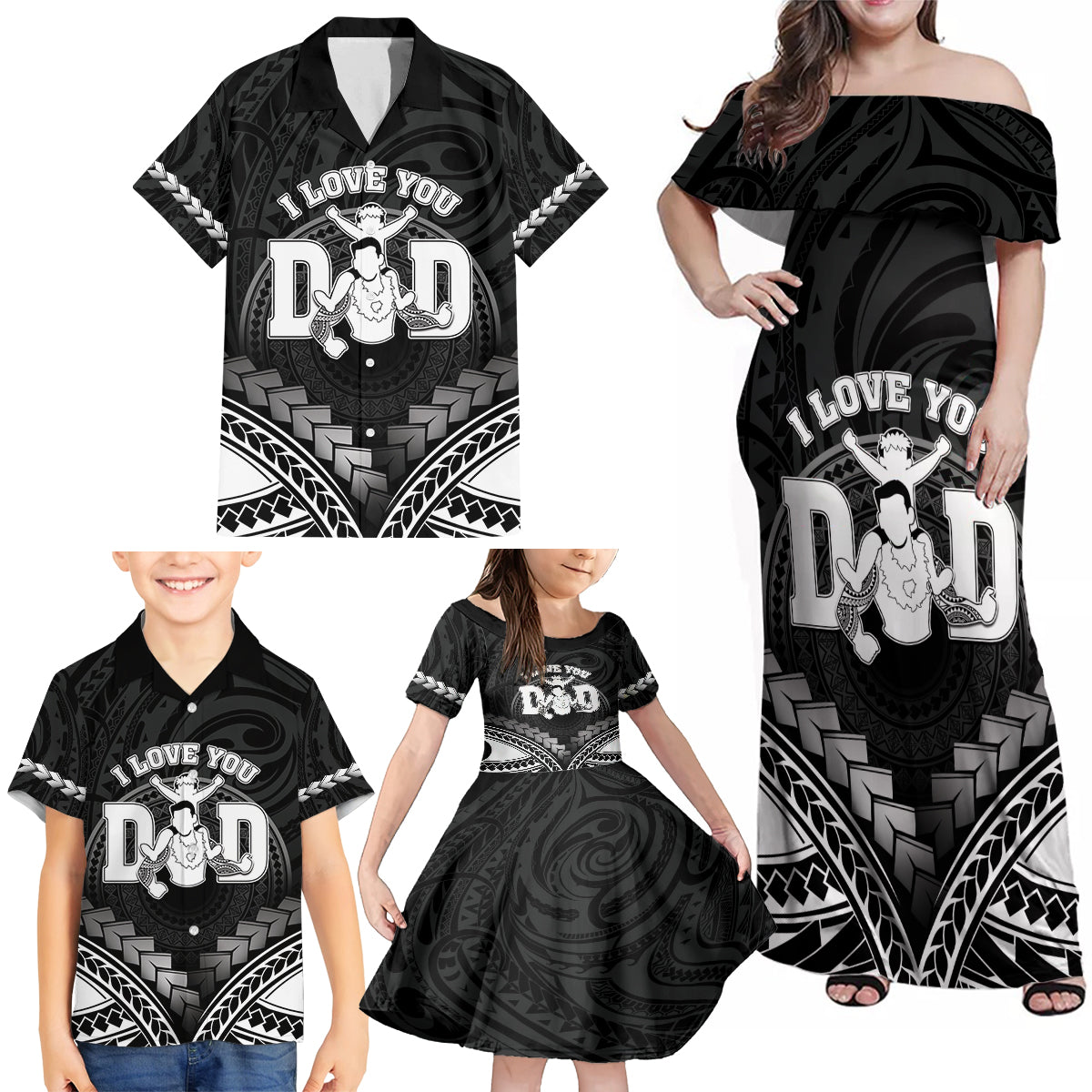 Personalised Happy Father's Day Family Matching Off Shoulder Maxi Dress and Hawaiian Shirt I Love You Dad Polynesian Style