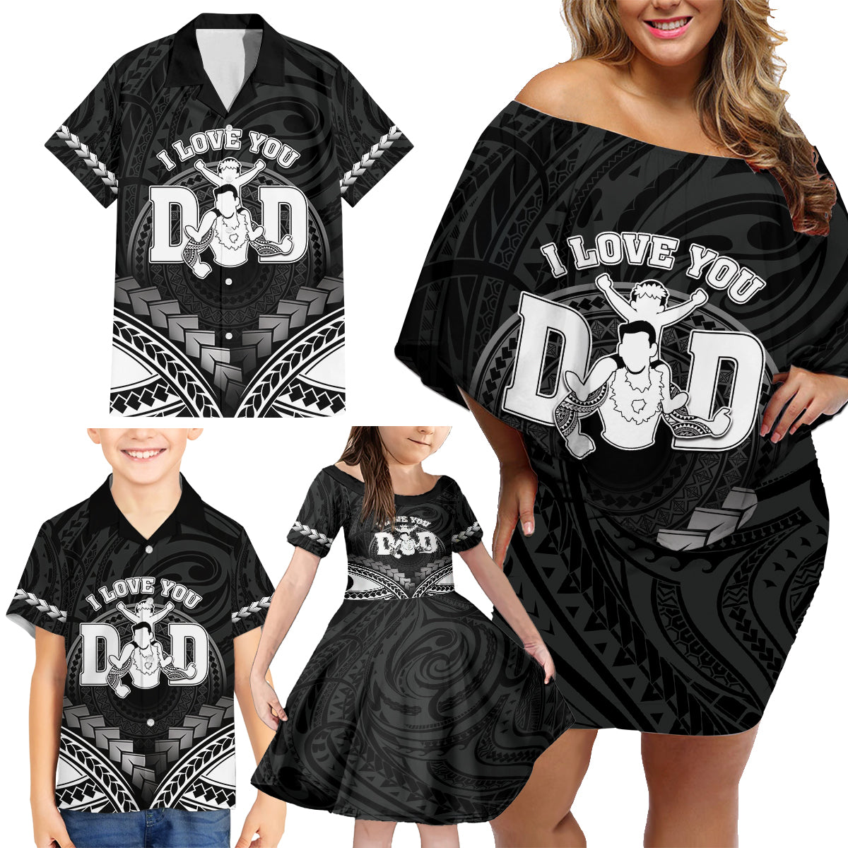 Personalised Happy Father's Day Family Matching Off Shoulder Short Dress and Hawaiian Shirt I Love You Dad Polynesian Style