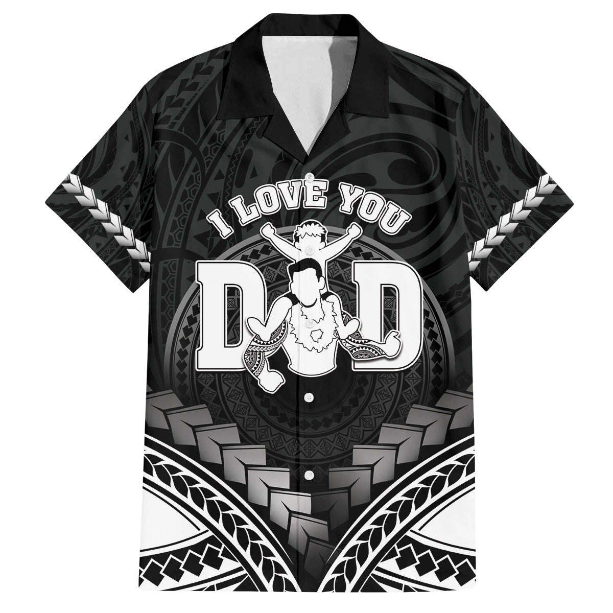 Personalised Happy Father's Day Family Matching Off Shoulder Short Dress and Hawaiian Shirt I Love You Dad Polynesian Style LT05 Dad's Shirt - Short Sleeve Black - Polynesian Pride