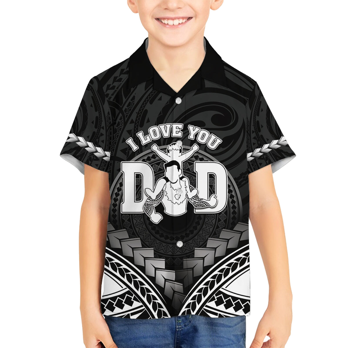 Personalised Happy Father's Day Family Matching Off Shoulder Short Dress and Hawaiian Shirt I Love You Dad Polynesian Style LT05 Son's Shirt Black - Polynesian Pride