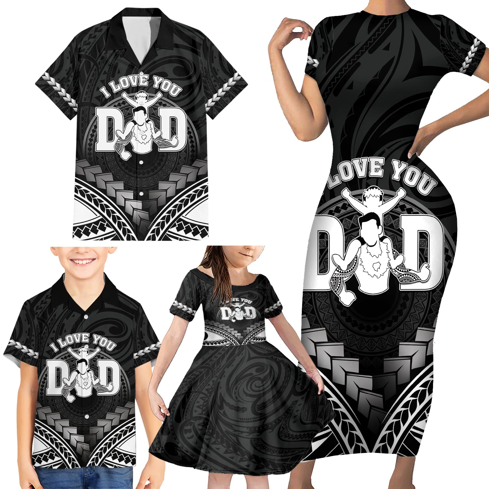 Personalised Happy Father's Day Family Matching Short Sleeve Bodycon Dress and Hawaiian Shirt I Love You Dad Polynesian Style