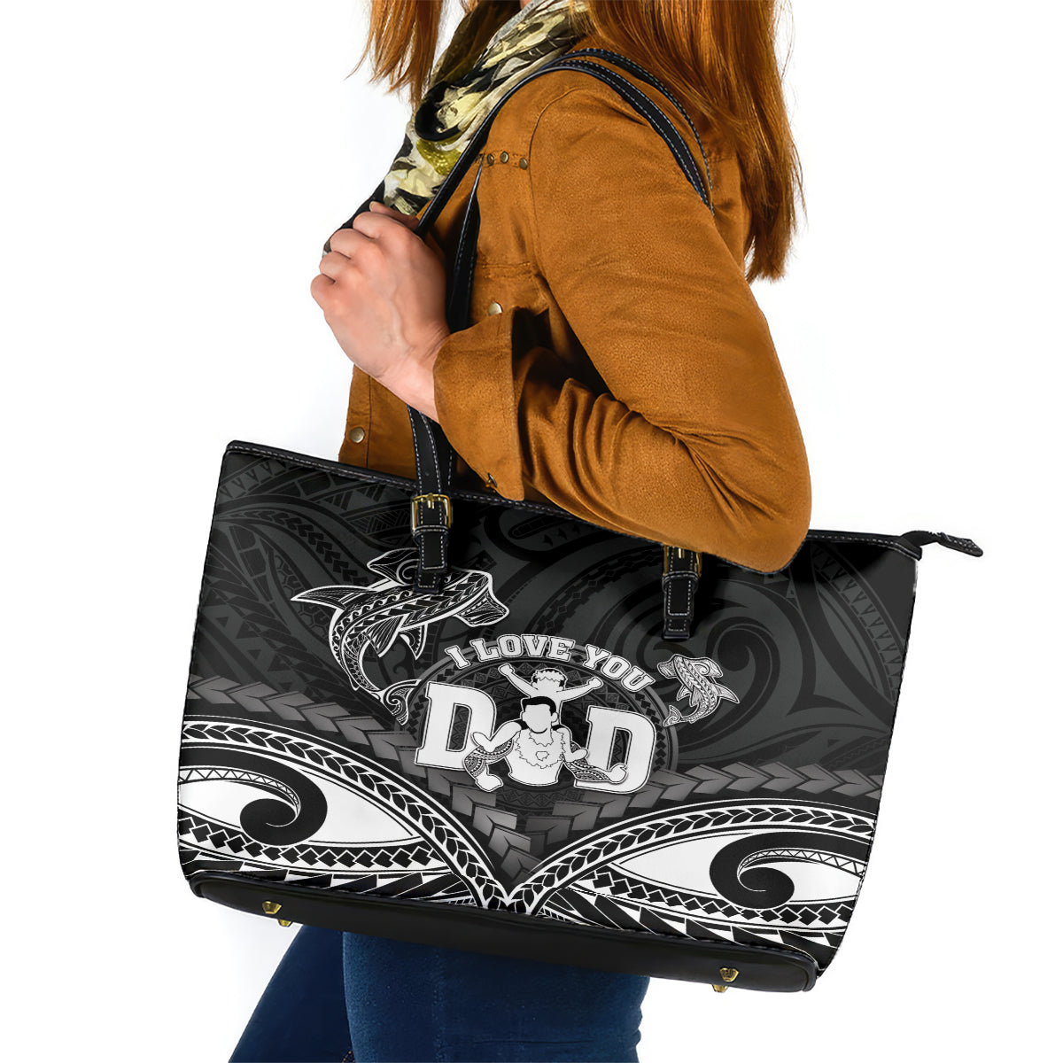 Happy Father's Day Leather Tote Bag I Love You Dad Polynesian Style LT05 Black - Polynesian Pride