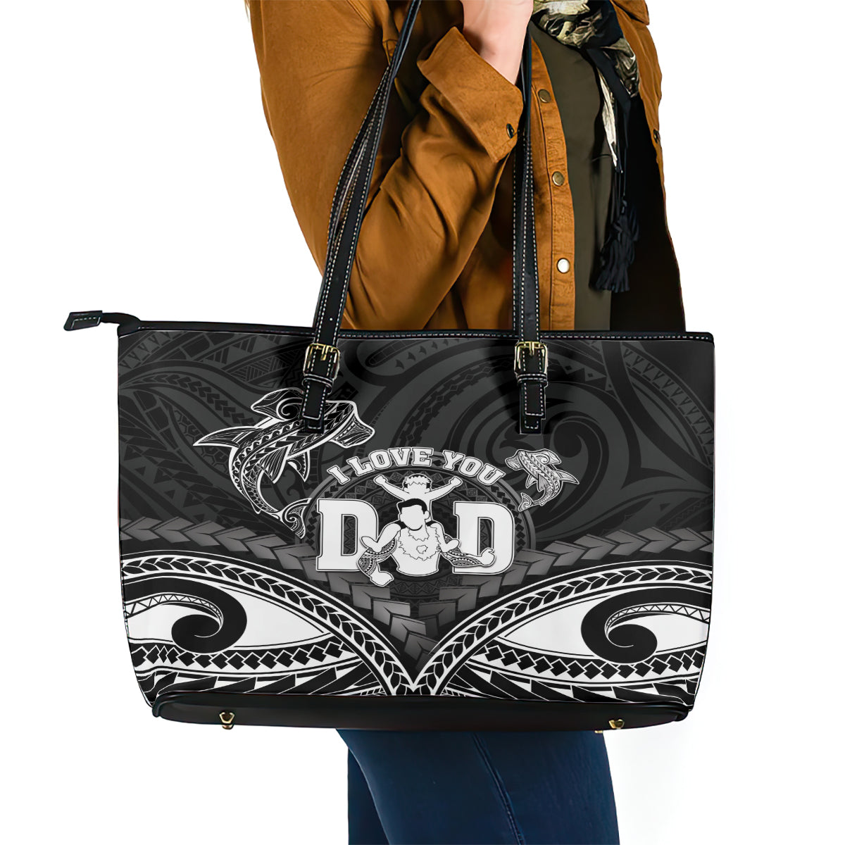 Happy Father's Day Leather Tote Bag I Love You Dad Polynesian Style LT05 - Polynesian Pride