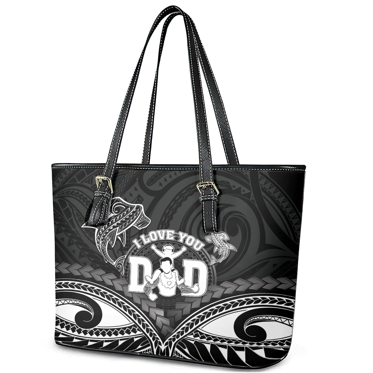 Happy Father's Day Leather Tote Bag I Love You Dad Polynesian Style LT05 - Polynesian Pride