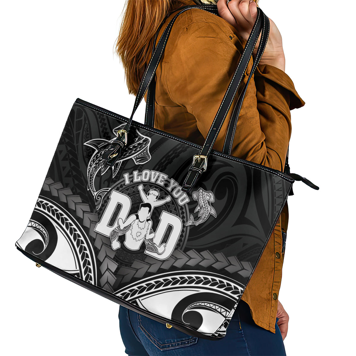 Happy Father's Day Leather Tote Bag I Love You Dad Polynesian Style LT05 - Polynesian Pride