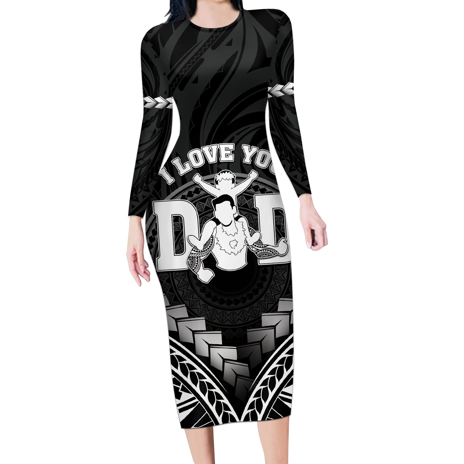 Personalised Happy Father's Day Long Sleeve Bodycon Dress I Love You Dad Polynesian Style