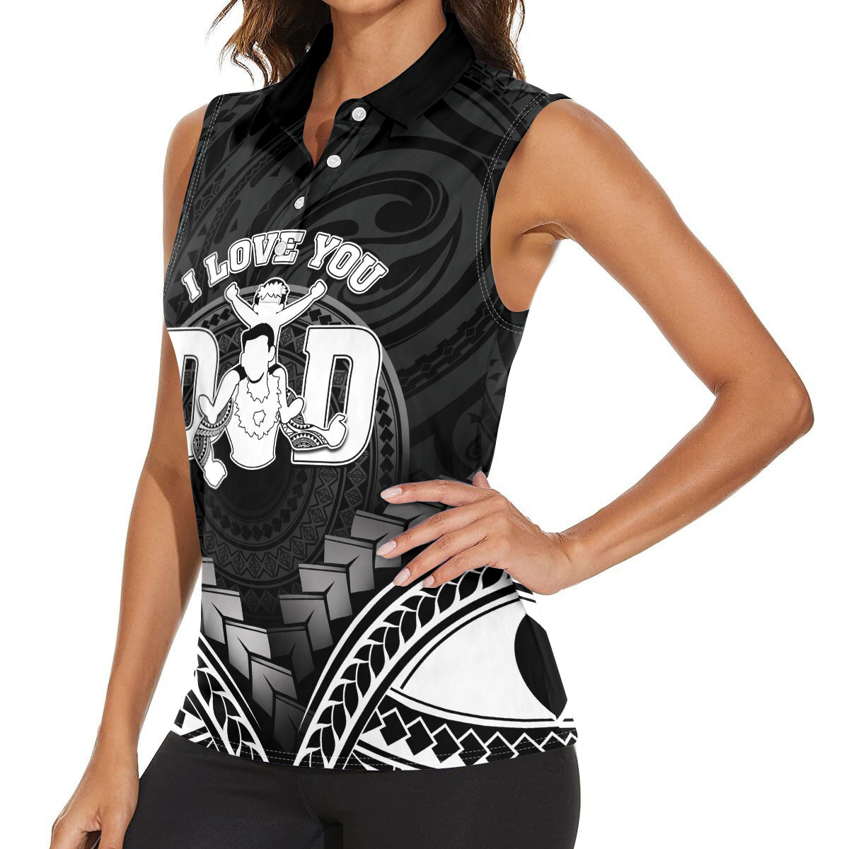Personalised Happy Father's Day Women Sleeveless Polo Shirt I Love You Dad Polynesian Style
