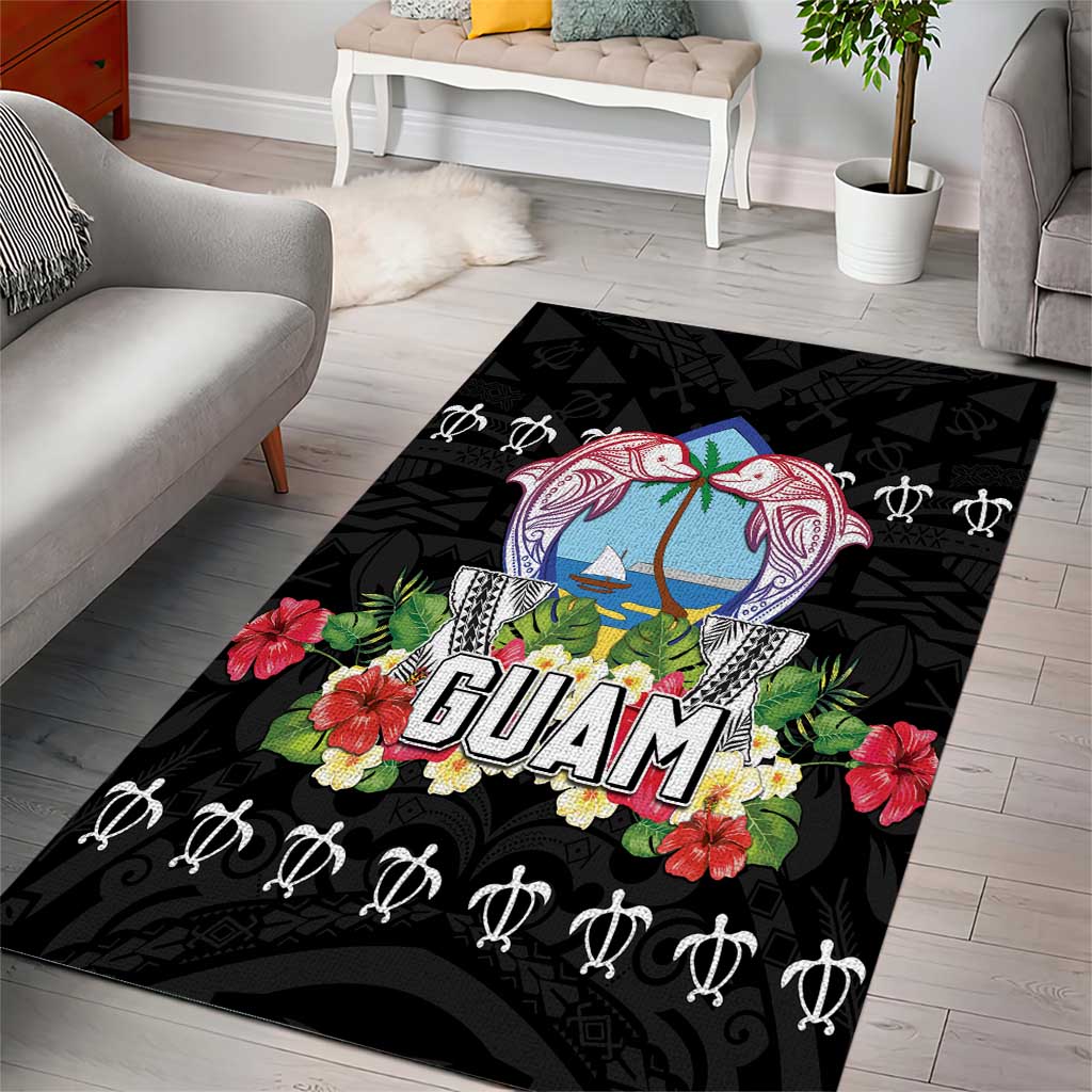 Guam Chamorro Area Rug Tribal Latte Stone With Dolphins Black