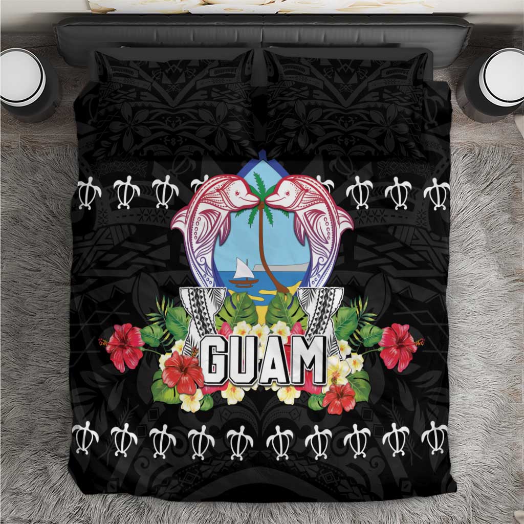 Guam Chamorro Bedding Set Tribal Latte Stone With Dolphins Black