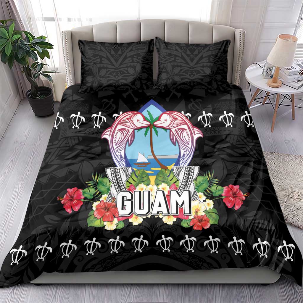 Guam Chamorro Bedding Set Tribal Latte Stone With Dolphins Black